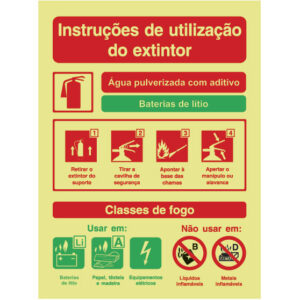 SINAL DE CONTRA INCÊNDIO - INTRUÇÕES DE UTILIZAÇÃO DE EXTINTOR ÁGUA PULVERIZADA COM ADITIVO / BATERIAS DE LÍTIO (C867) - Contra Incêndio - Sinalização