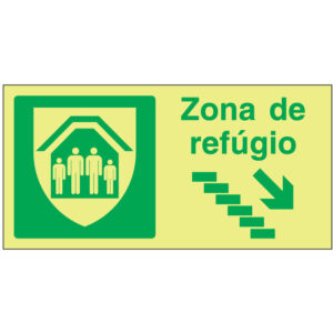 SINAL DE EMERGÊNCIA - ZONA DE REFÍGIO COM ESCADA PARA BAIXO À DIREITA (E226) - Emergência - Sinalização