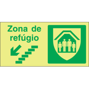 SINAL DE EMERGÊNCIA - ZONA DE REFÍGIO COM ESCADA PARA BAIXO À ESQUERDA (E227) - Emergência - Sinalização